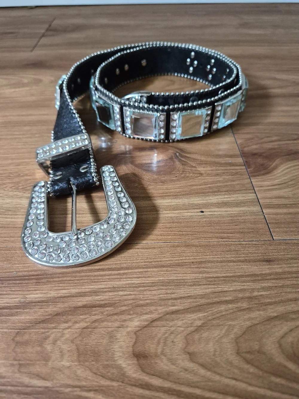 Leather Rhinestone Mirrored Silver Western Belt Size Small-Medium